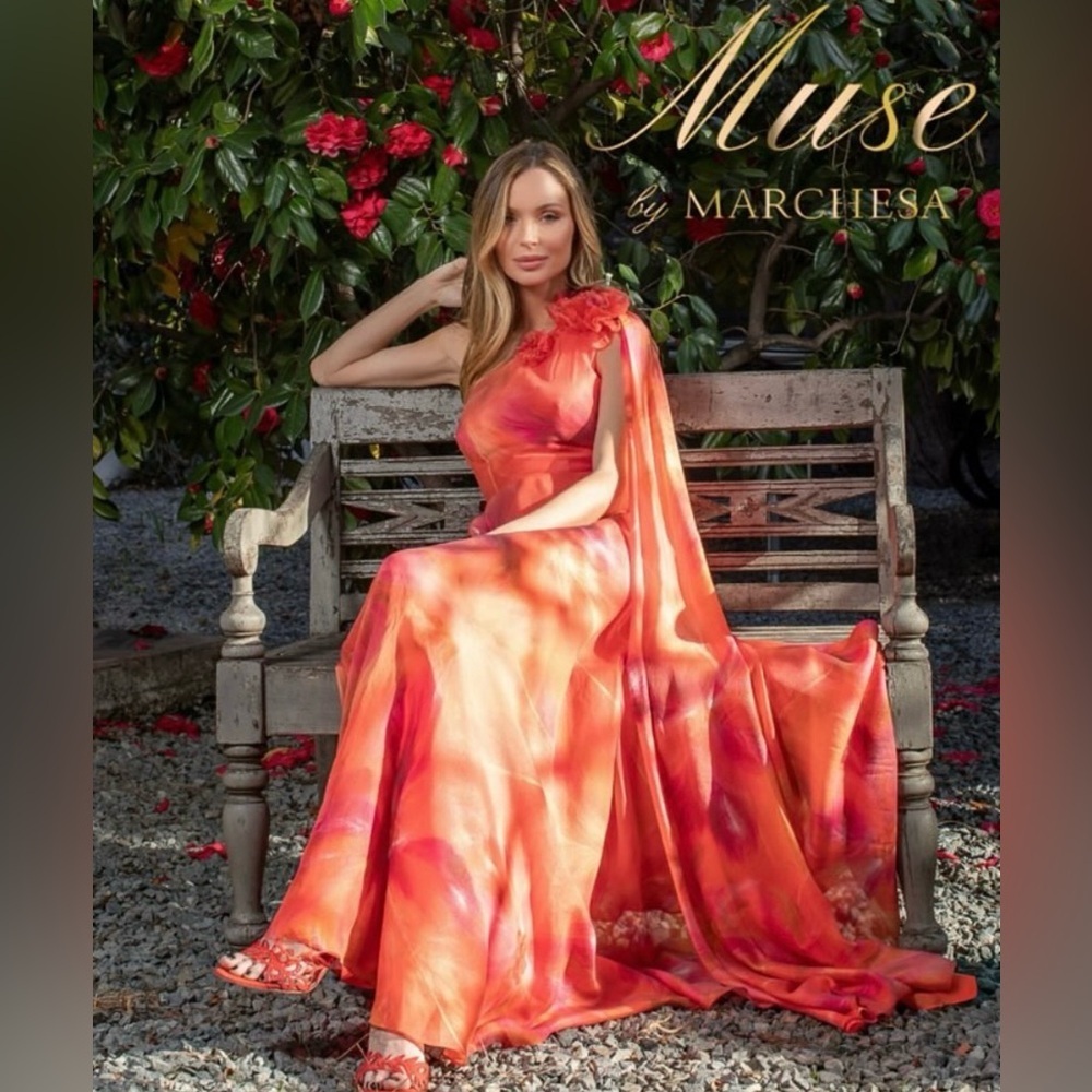 Muse By Marchesa One Shoulder Tangerine Floral Evening Gown Dress NWT $499